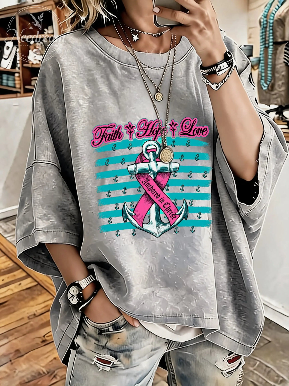 Women's Breast Cancer Awareness Hope Distressed Washed Oversized T-Shirt