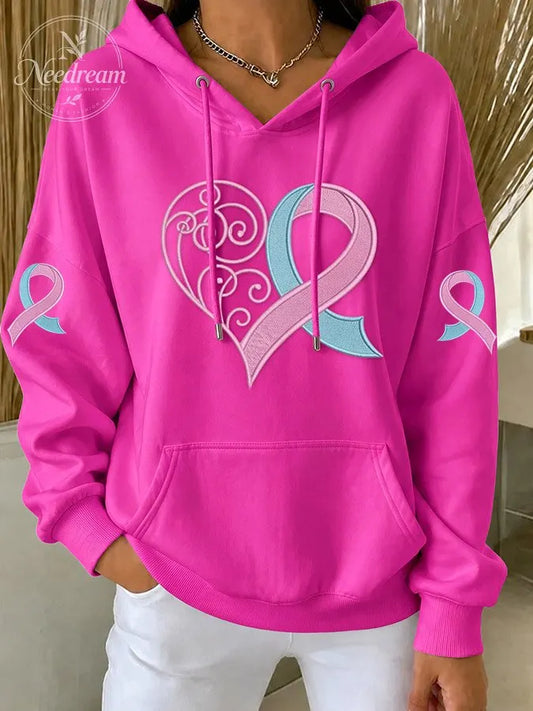Women'S Retro Breast Cancer Awareness Love Printed Long Sleeve Hoodie