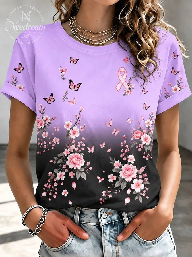 Women'S Pink Floral Butterfly Print Round Neck Short Sleeved T-Shirt