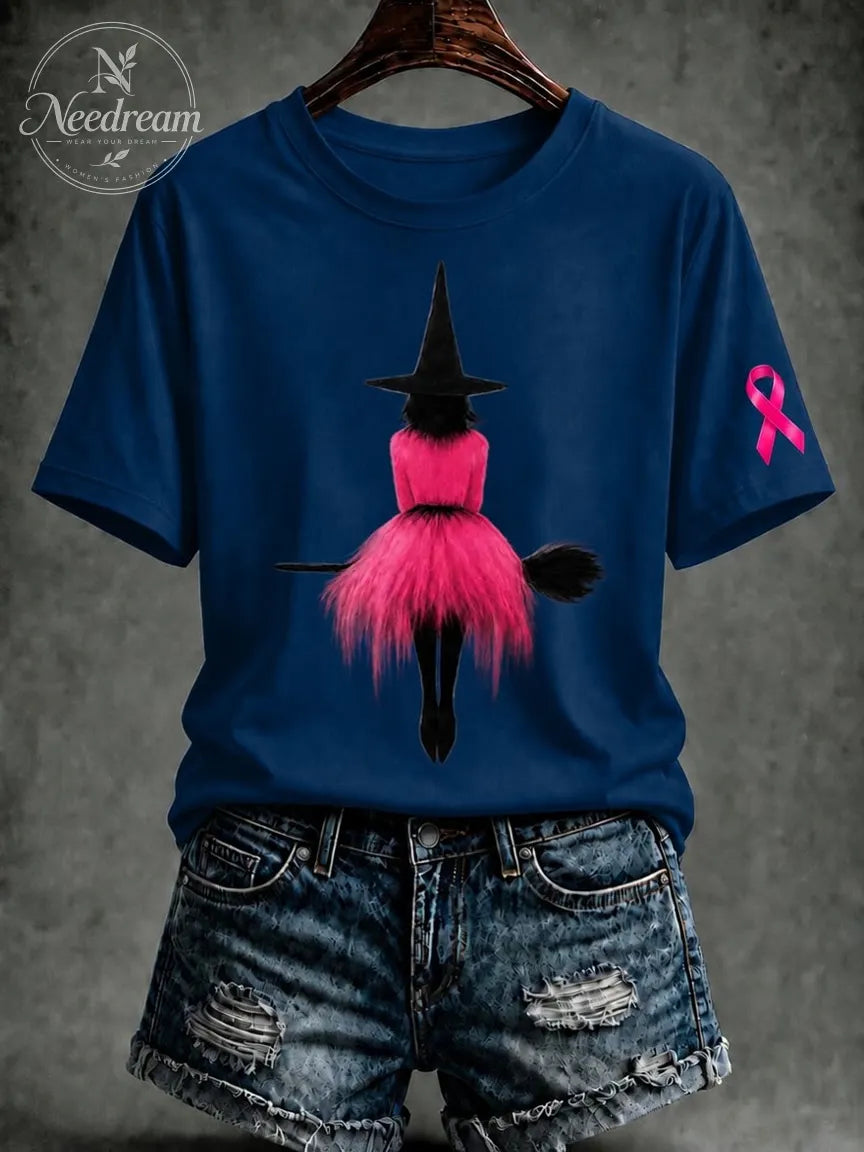 Women's Pink Witch Hat Printed Casual T-Shirt
