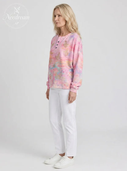 Women's Breast Cancer Awareness Gold Butterfly Printed Henley Sweatshirt
