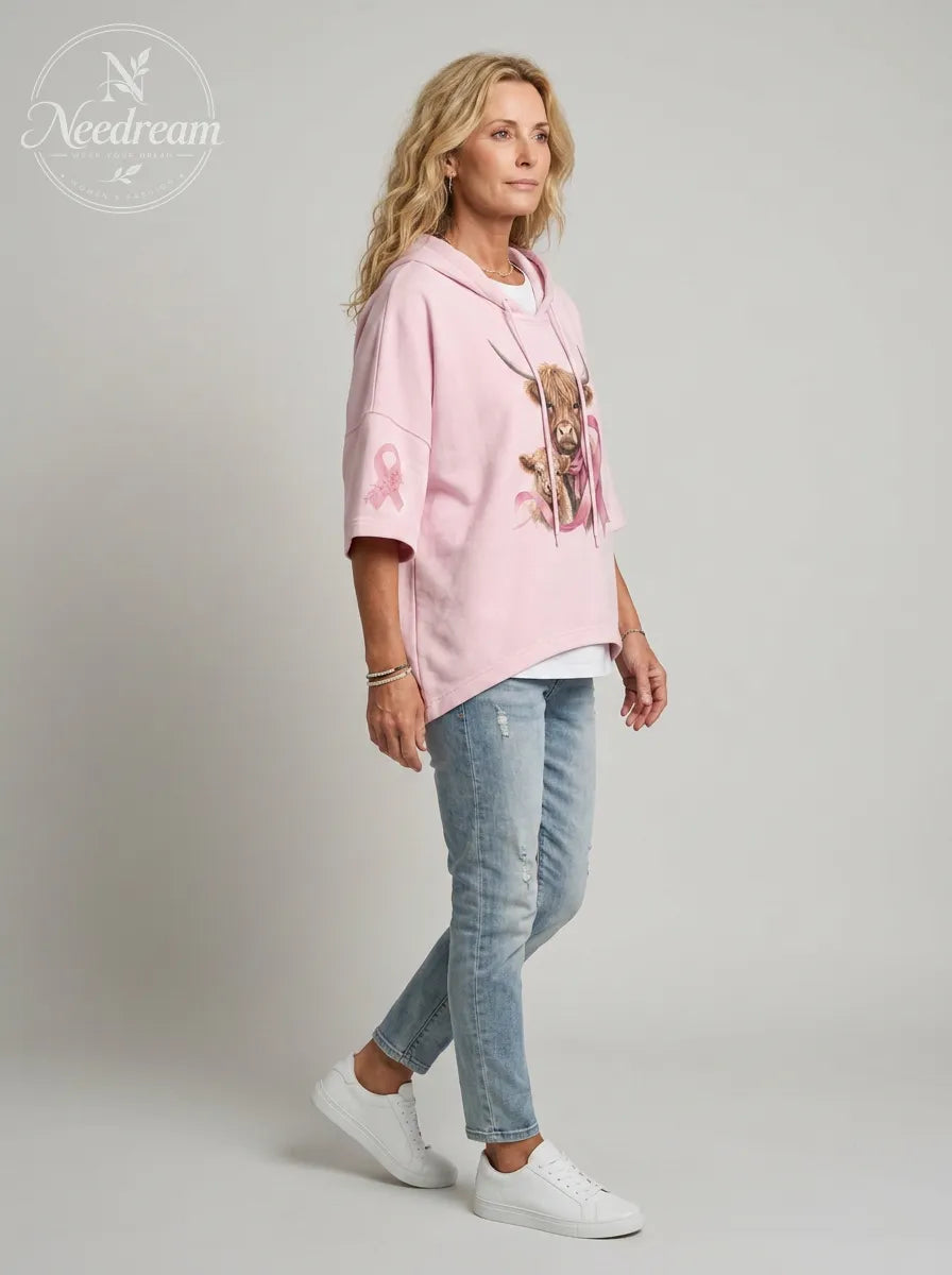 Women's Breast Cancer Awareness Highland Cow Printed Hoodie