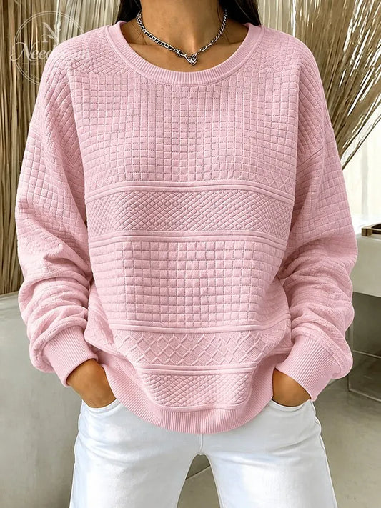 Women'S Pink Round Neck Checkered Sports Shirt