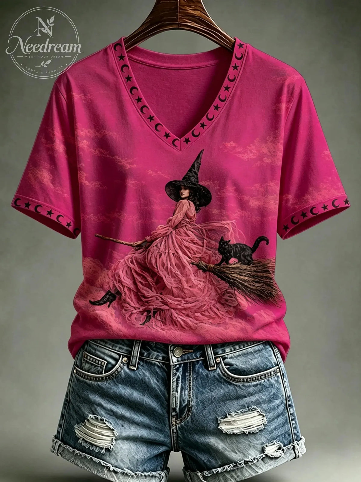 Women's Halloween Breast Cancer Pink Printed V-neck T-shirt