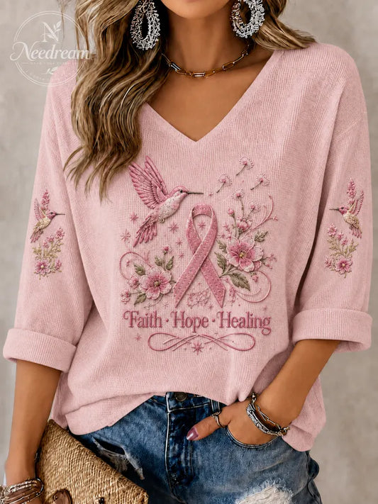 Women'S Breast Cancer Art Printed V-Neck Top