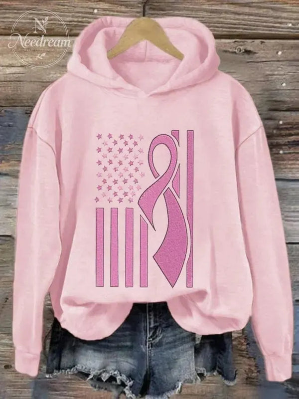 Women's USA Flag Pink Ribbon Breast Cancer Awareness Print Hoodie