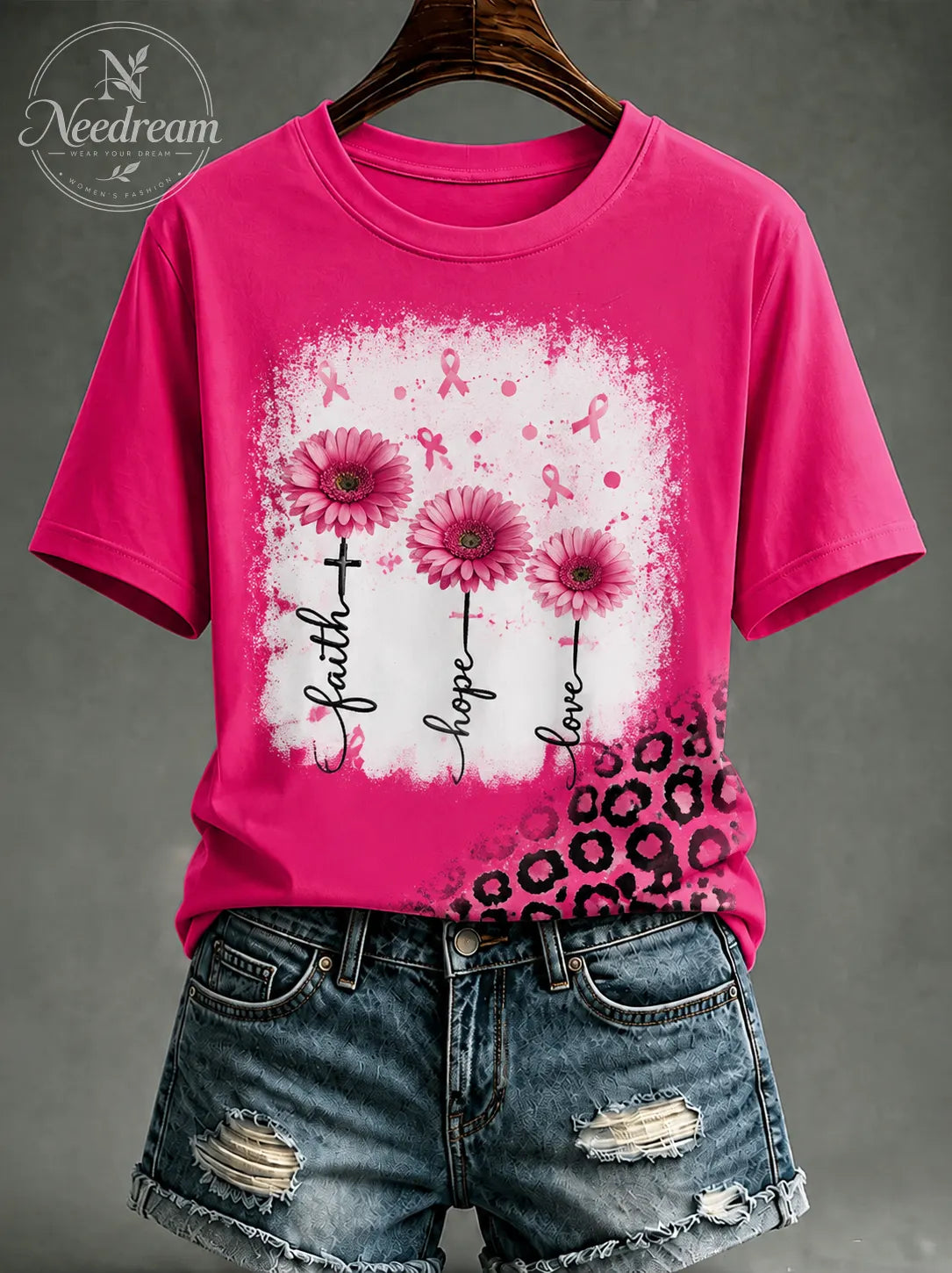 Women'S Retro Faith Pink Printed Casual T-Shirt