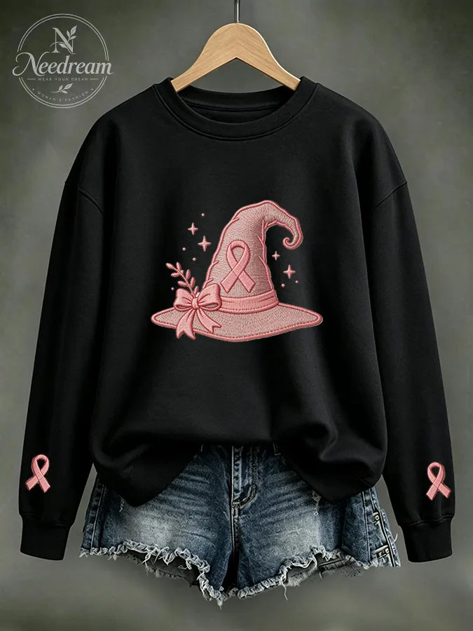 Women Pink Ribbon Witch Hat Embroidered Casual Sweatshirt