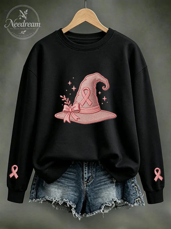 Women Pink Ribbon Witch Hat Embroidered Casual Sweatshirt