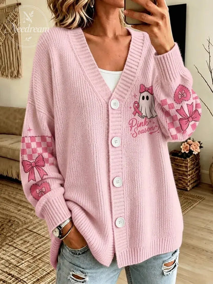 Women's Halloween Ghost-Themed Pink Knit Cardigan