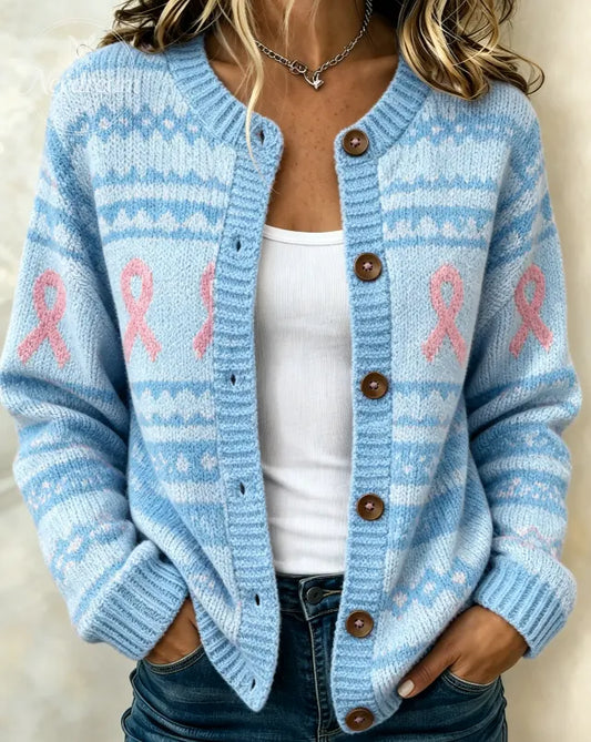 Women's Pink Gradient Casual Long-Sleeve Knit Cardigan
