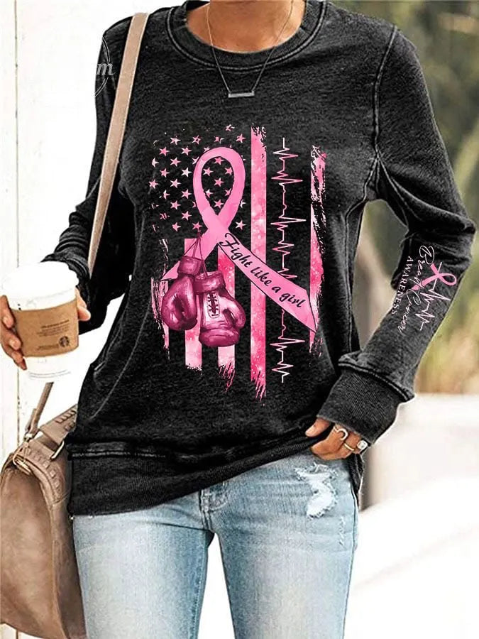 Women's Casual Breast Cancer Awareness Printed Long Sleeve Sweatshirt