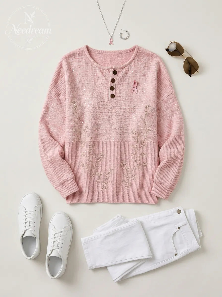 Women's Breast Cancer Awareness Pink Rose Embroidered Buttoned Sweatshirt