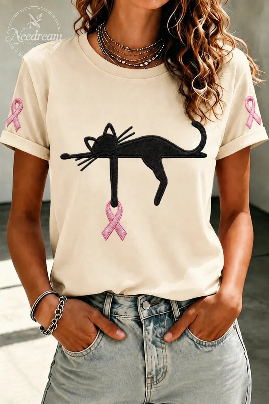 Women'S Cat And Pink Ribbon Round Neck 100% Cotton T-Shirt