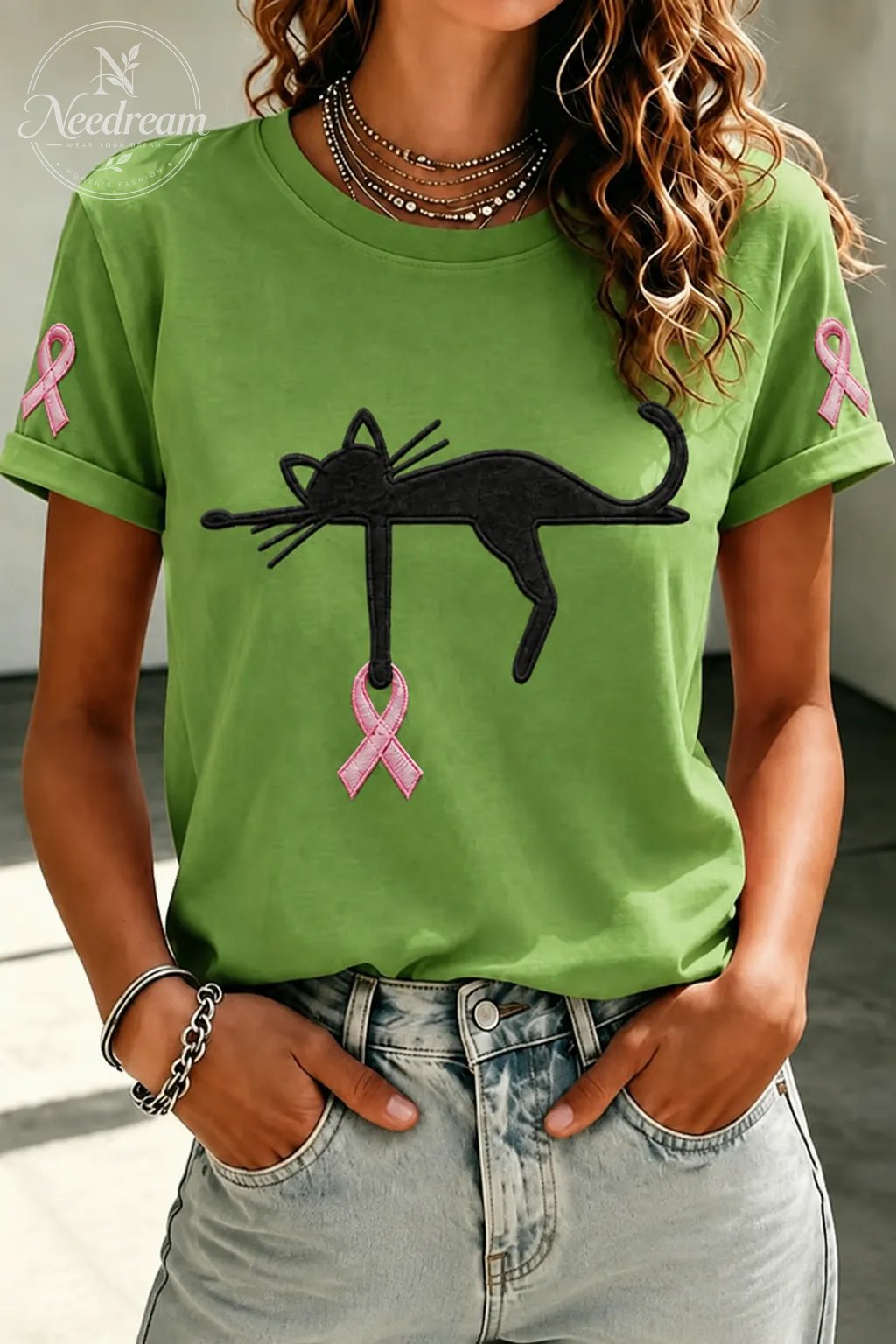 Women'S Cat And Pink Ribbon Round Neck 100% Cotton T-Shirt