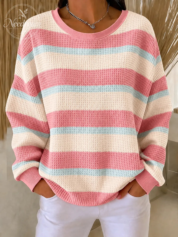 Women'S Casual Striped Waffle Round Neck Sweatshirt
