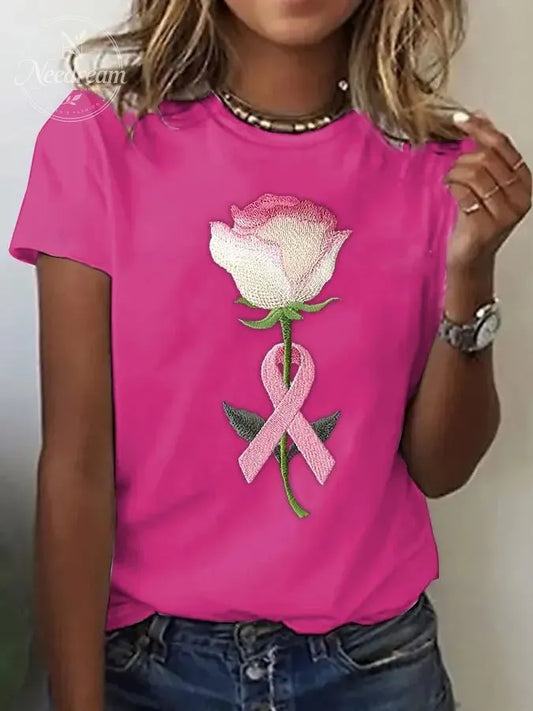 Women's Pink Embroidered Floral Print Crew Neck T-Shirt