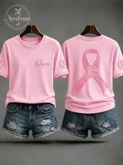 Women'S Pink Ribbon Believe Pattern Round Neck T-Shirt