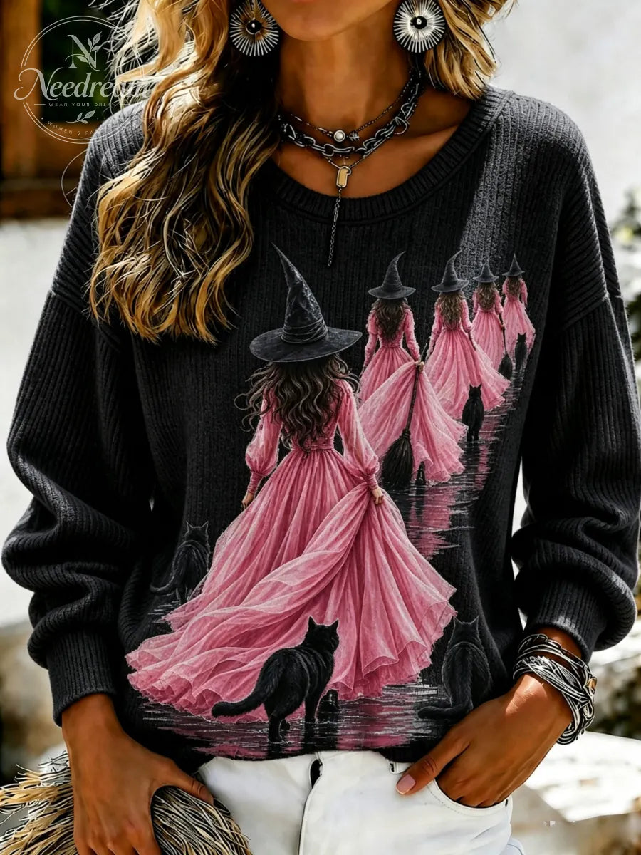 Women's Pink Witch-Themed Casual Sweatshirt