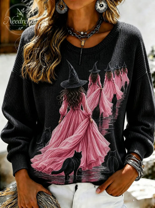 Women's Pink Witch-Themed Casual Sweatshirt