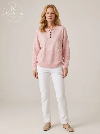 Women's Breast Cancer Awareness Pink Rose Embroidered Buttoned Sweatshirt