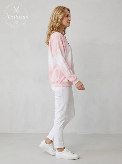 Women's Breast Cancer Awareness Pink Tie-Dye Geometric Printed Henley Sweatshirt