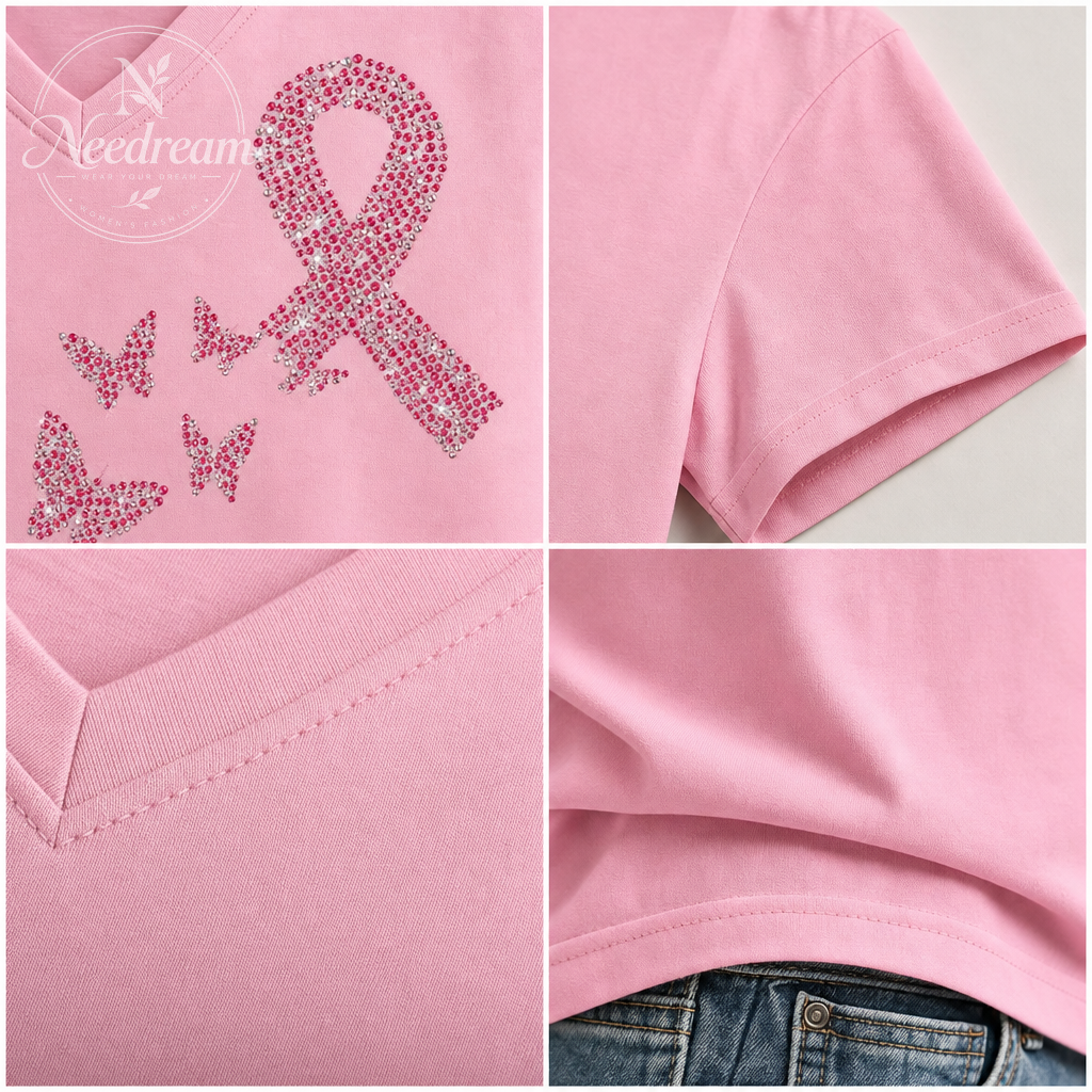 Women's Pink Breast Cancer Print Cotton Blend Short Sleeve T-Shirt