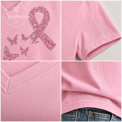 Women's Pink Breast Cancer Print Cotton Blend Short Sleeve T-Shirt