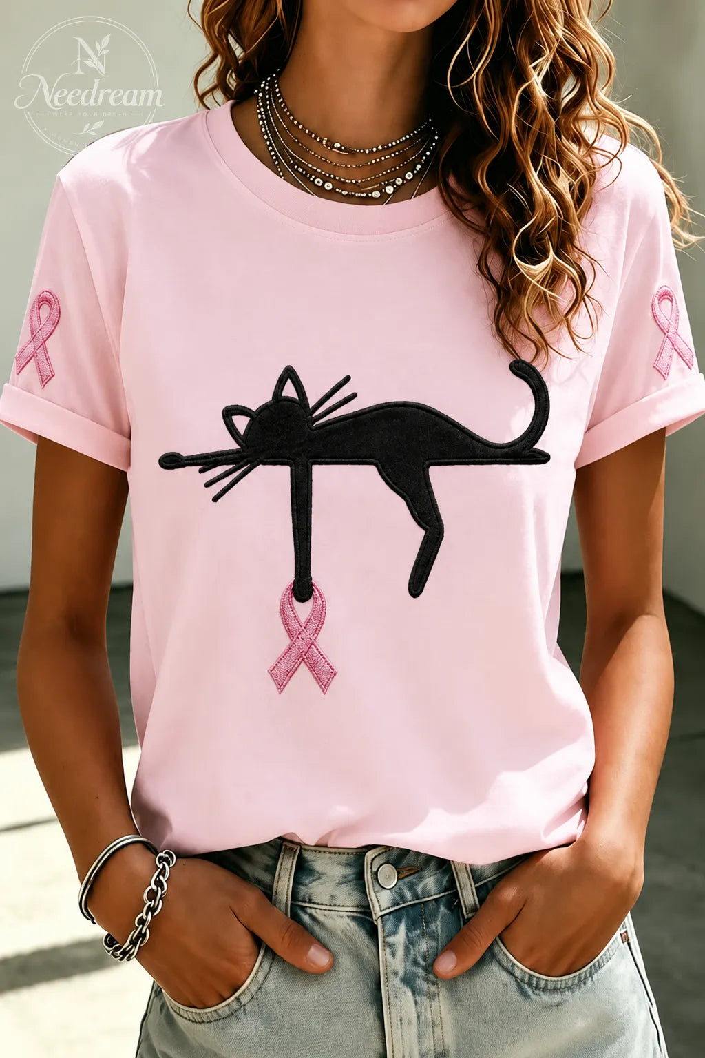 Women'S Cat And Pink Ribbon Round Neck 100% Cotton T-Shirt