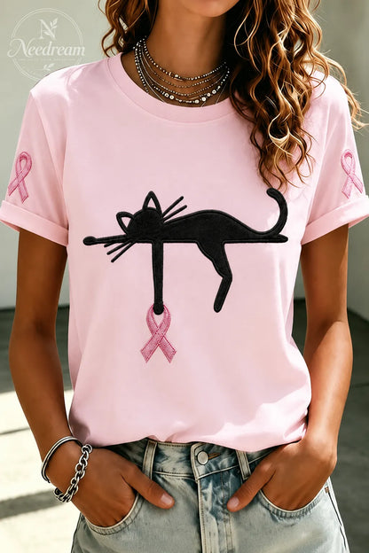 Women'S Cat And Pink Ribbon Round Neck 100% Cotton T-Shirt