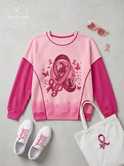 Women's Breast Cancer Awareness Witch Cat Butterfly Printed Sweatshirt