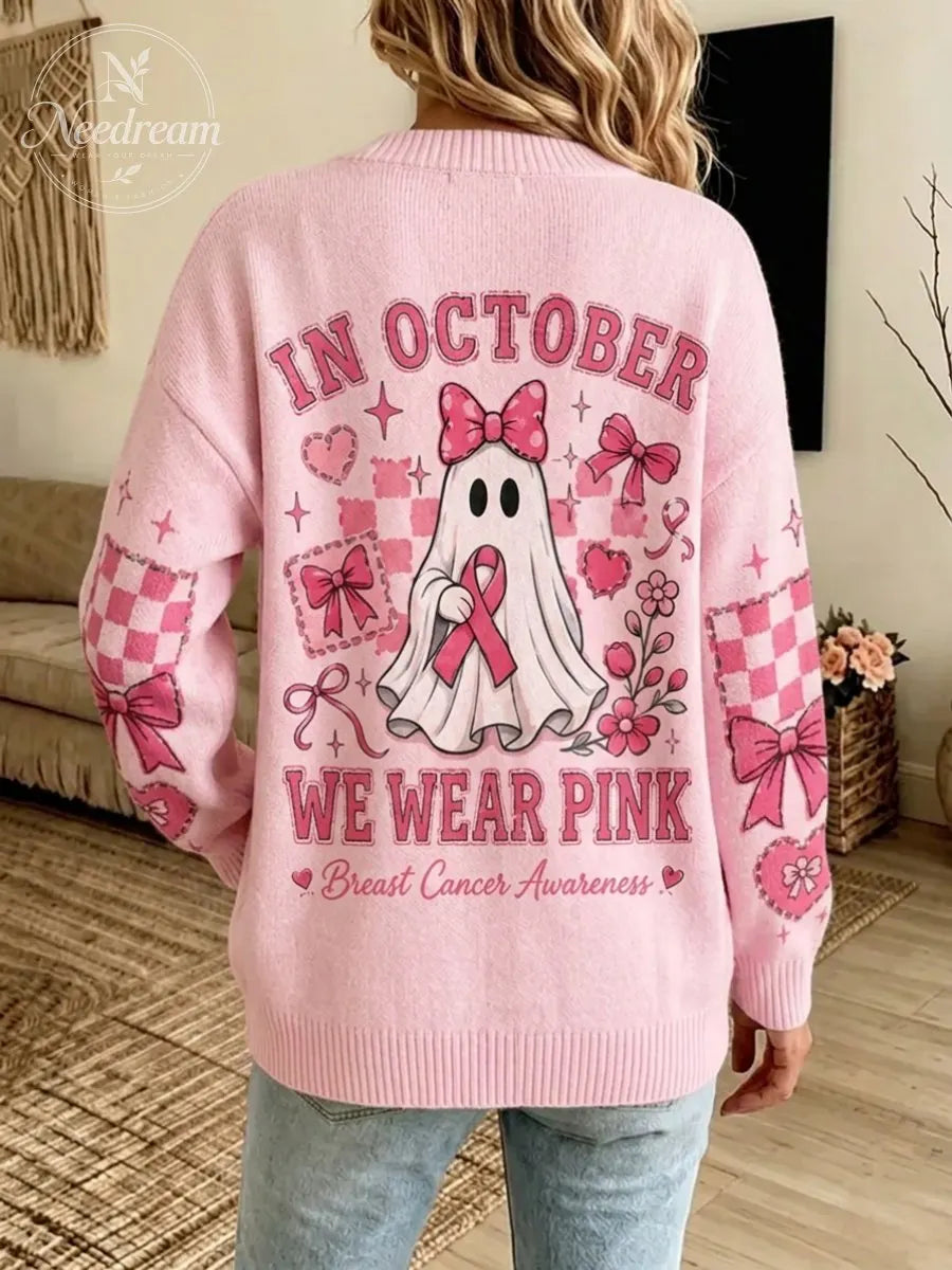 Women's Halloween Ghost-Themed Pink Knit Cardigan