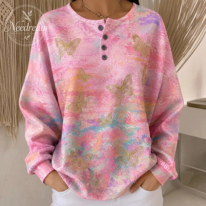 Women's Breast Cancer Awareness Gold Butterfly Printed Henley Sweatshirt