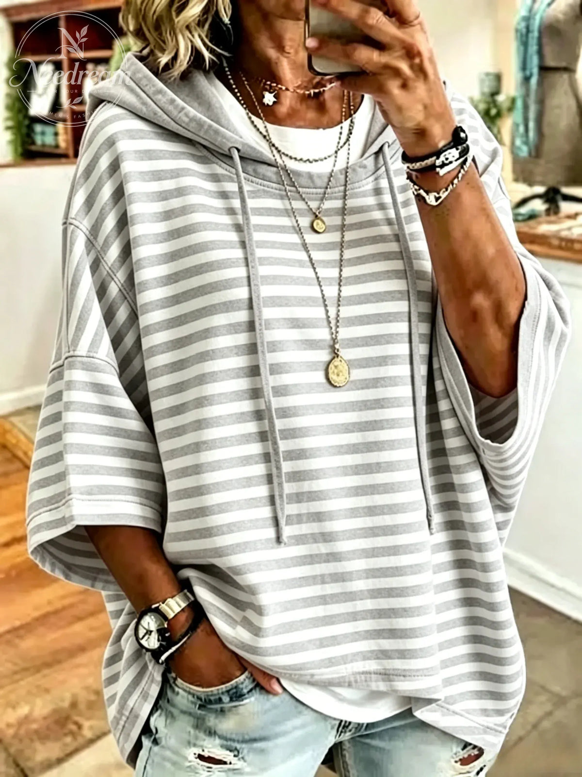 Women's Casual Loose Casual Striped Hooded Sweatshirt
