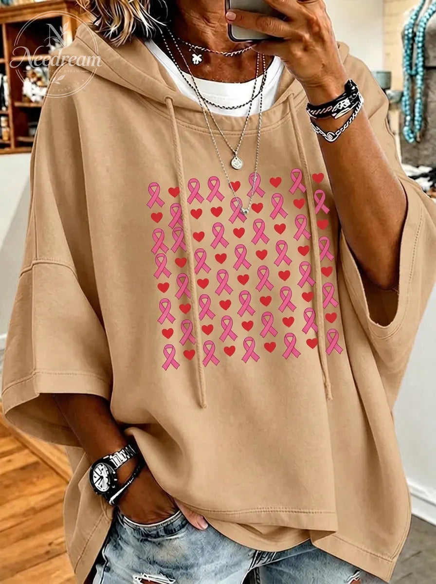 Women's Breast Cancer Awareness Pink Ribbon Heart Printed Hoodie