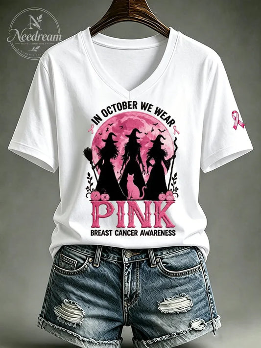 Women's Casual Breast Cancer Witch Printed T-Shirt