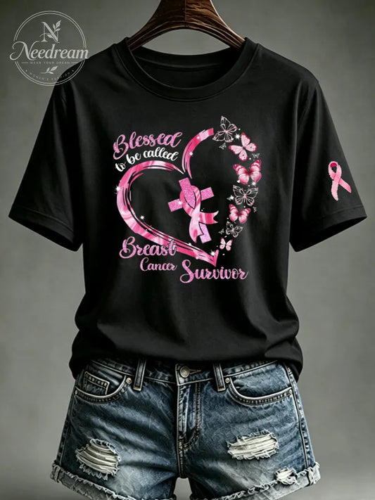 Women's Pink Butterfly Blessed To Be Called Breast Cancer Survivor T-Shirt
