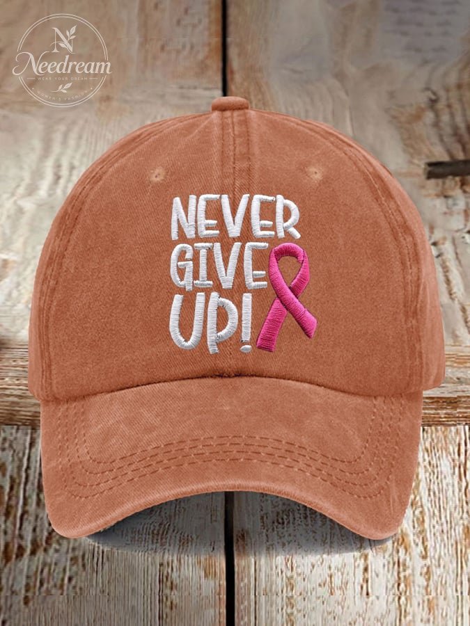 Never Give Up Pink Ribbon Breast Cancer Awareness Print Baseball Cap