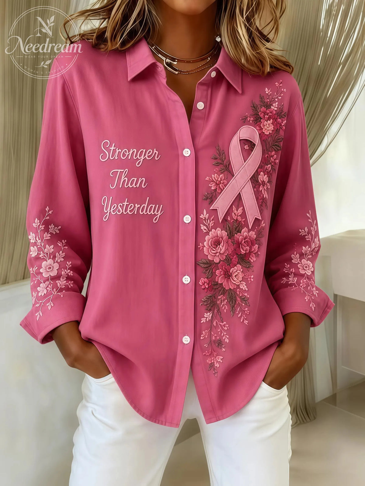 Women'S Breast Cancer Awareness Pink Ribbon Print Shirt Collar Long Sleeve Shirt Printing Daily Top