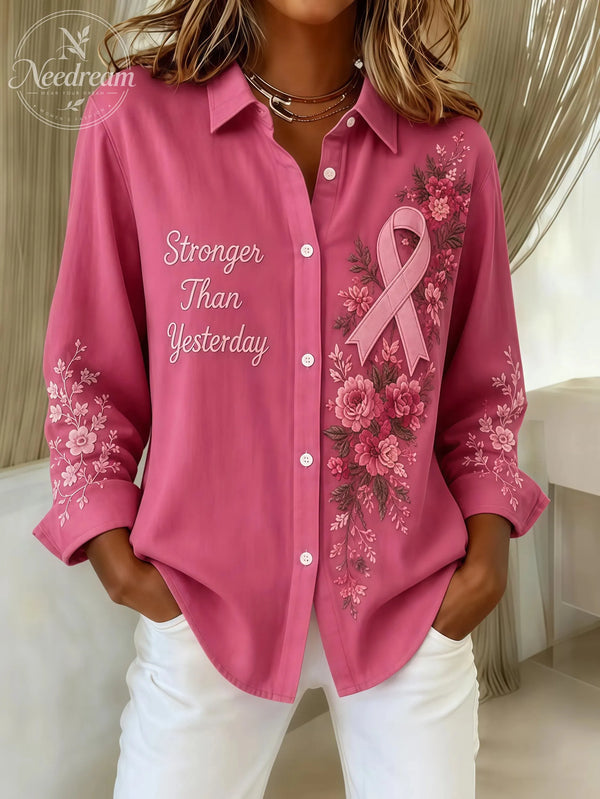 Women'S Breast Cancer Awareness Pink Ribbon Print Shirt Collar Long Sleeve Shirt Printing Daily Top