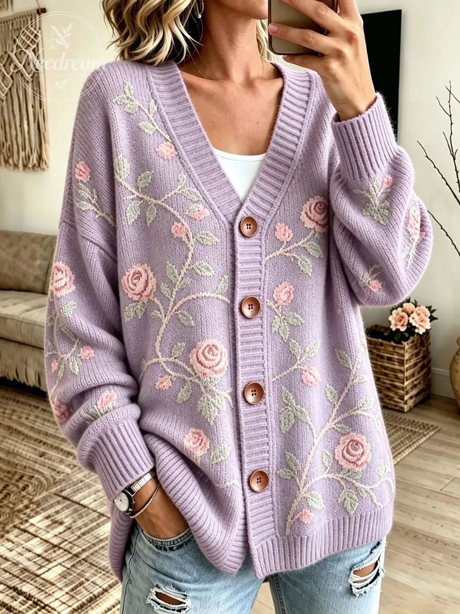 Women's Vintage Floral Embroidery V‐Neck Knit Cardigan