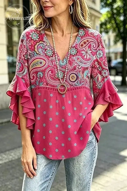 Women's Vintage Paisley Print V-Neck Hollow Out Top