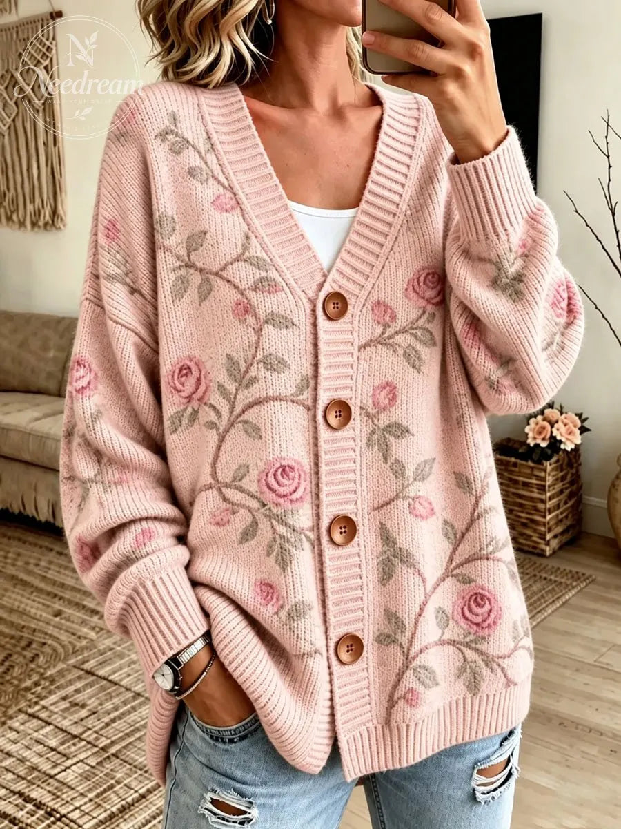 Women's Vintage Floral Embroidery V‐Neck Knit Cardigan