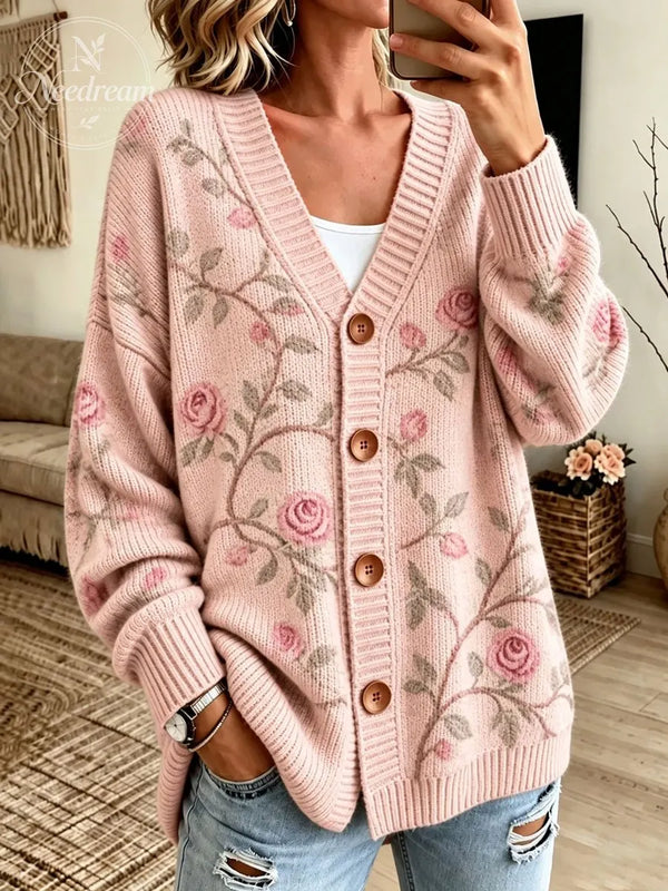 Women's Vintage Floral Embroidery V‐Neck Knit Cardigan