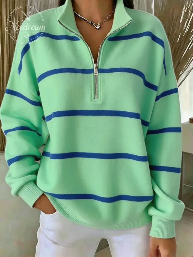 Women Striped Half Open Collar Casual Spring/Fall Long Sleeve Sweatshirt