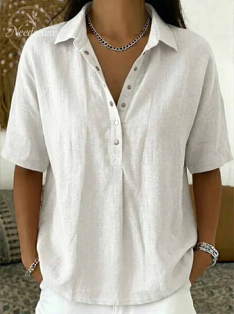 Women’s Cotton Linen Polo Shirt – Casual Short Sleeve Summer Top