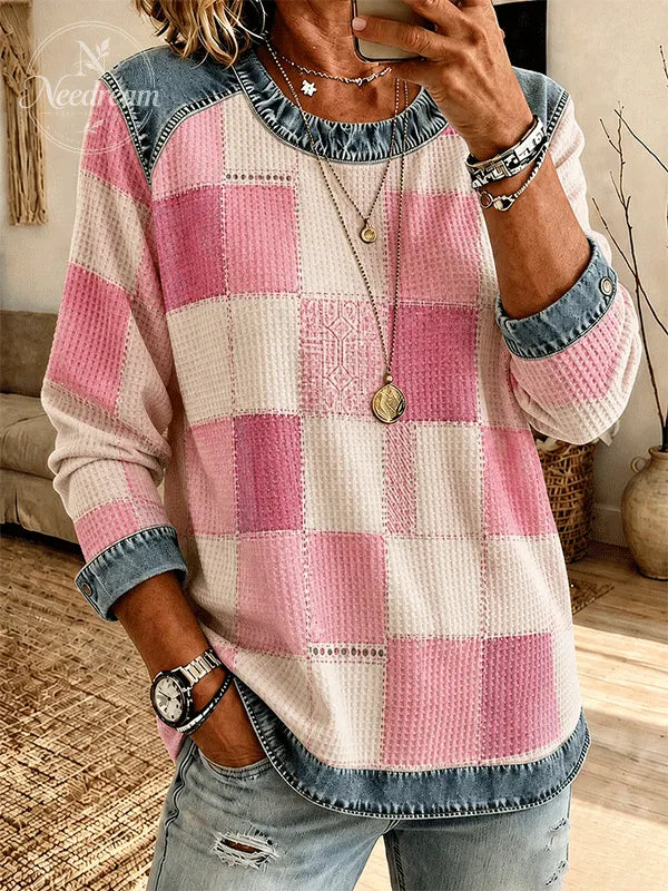 Women's Checkered Patchwork Trim Waffle Knit Long Sleeve Top