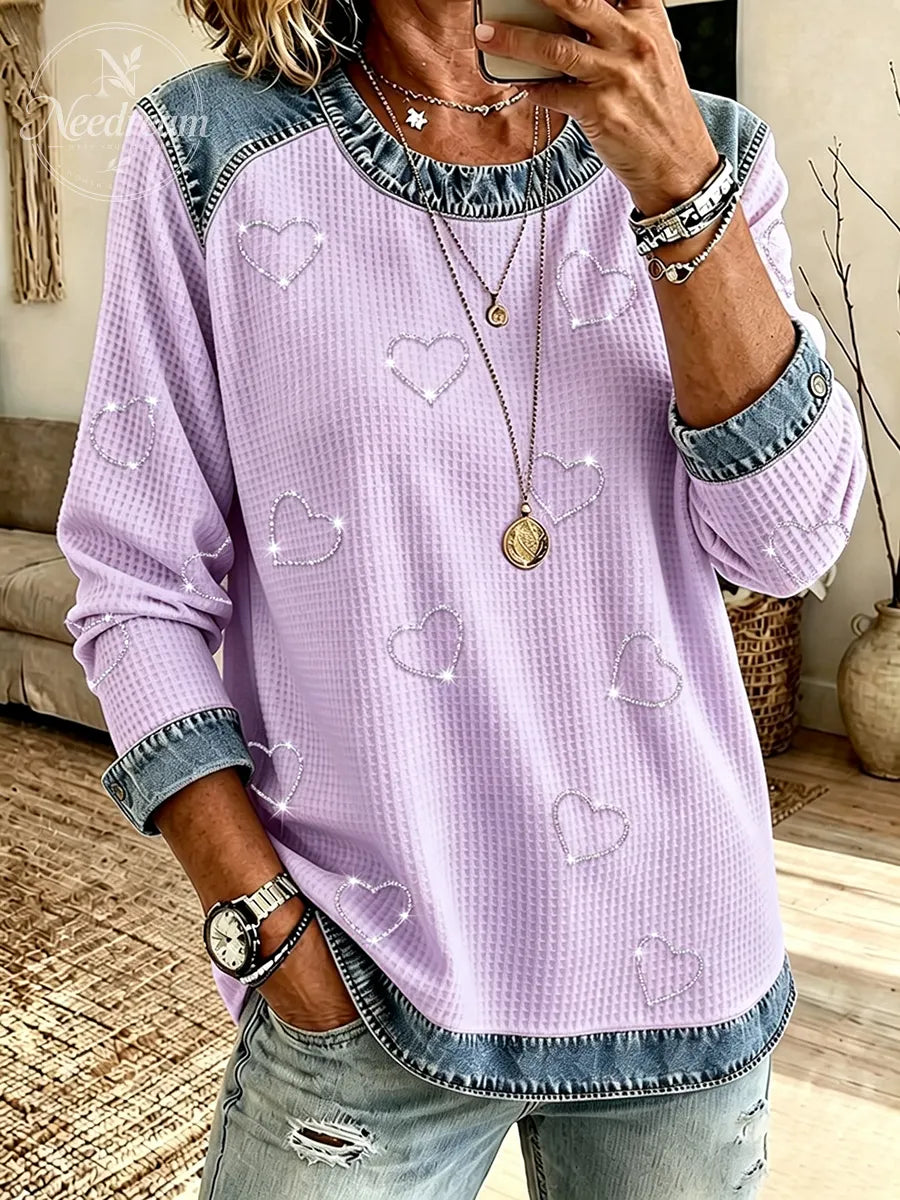 Women's Casual Heart-Shaped Rhinestone Sweatshirt