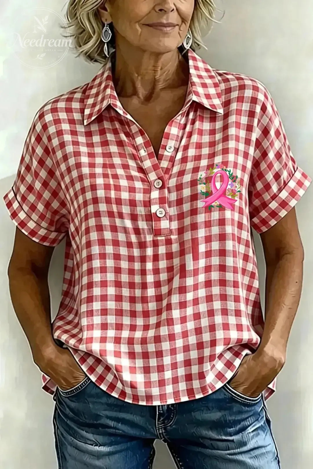 Women's Classic Plaid Cotton-Linen V-Neck Button-Front Shirt