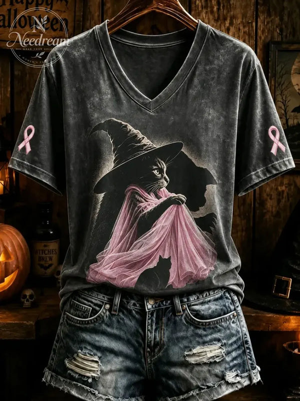 Women's Pink Witch-Themed V-Neck T-Shirt
